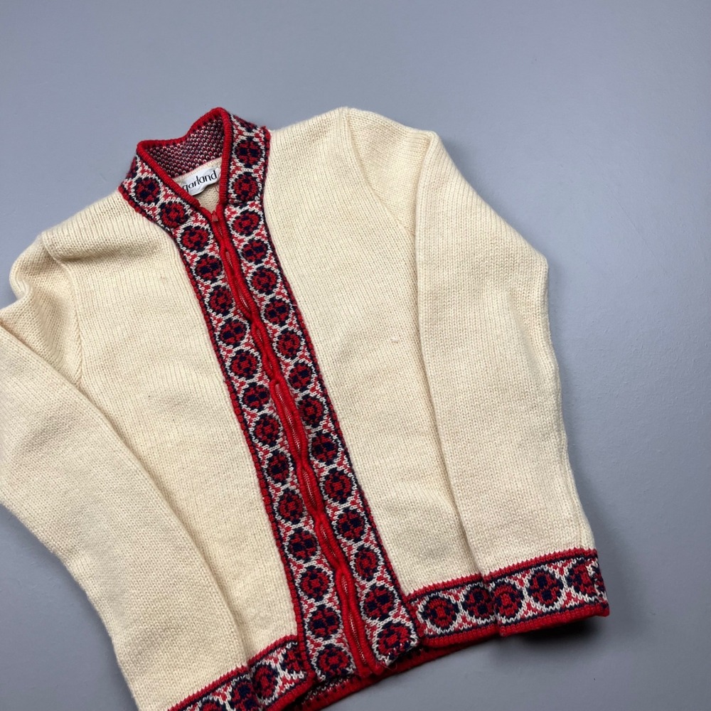 Garland Full Zip Cardigan Kids Cream Red Nordic Fair Isle Sweater Vintage